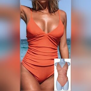 NWT Cupshe Women's One-Piece V-Neck Ruched Peach Swimsuit Size XXL